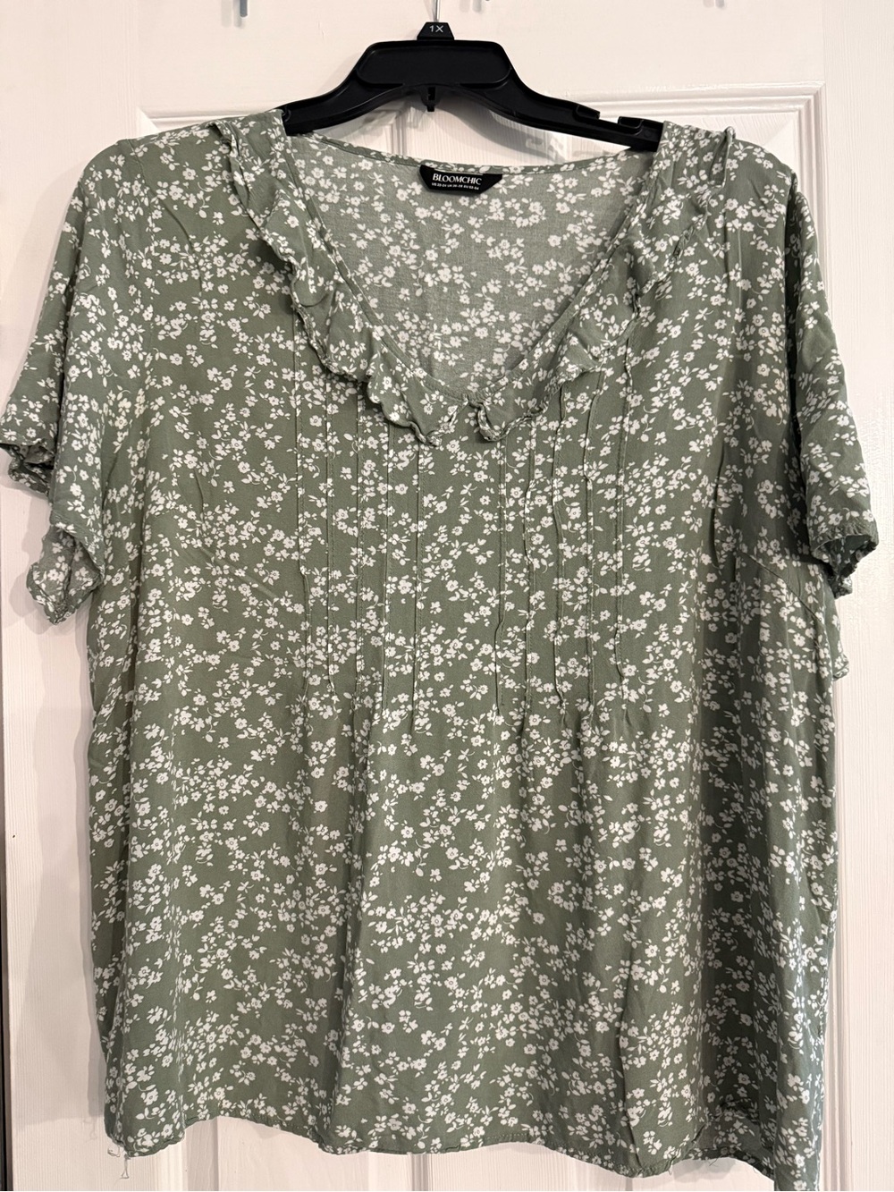 BloomChic Sage Green Floral Ruffle V-Neck Blouse